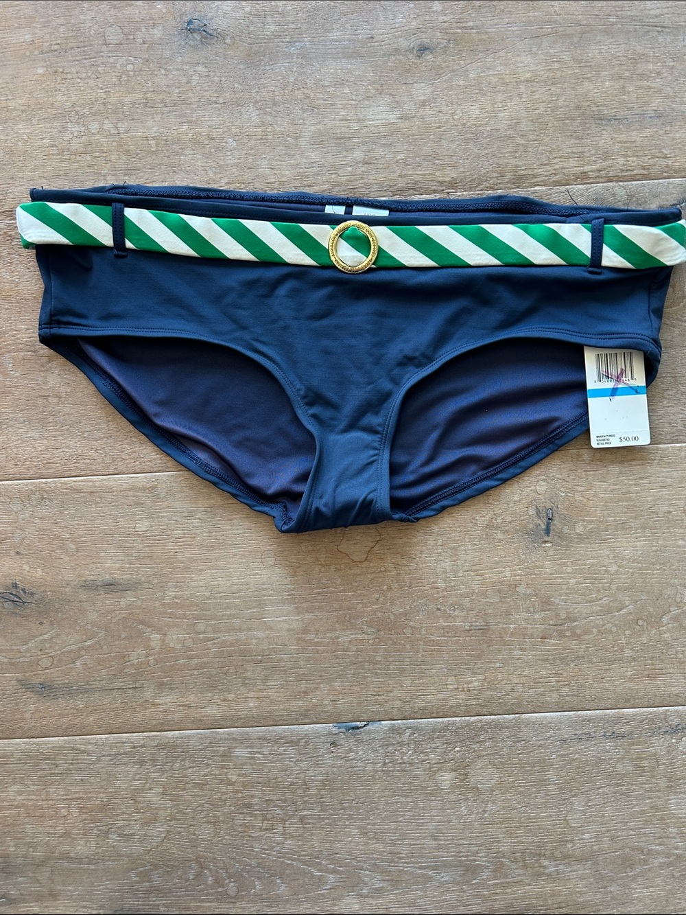 Navy Bikini Bottom with Green & White Striped Belt and Gold Ring